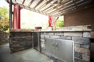 outdoor kitchen fridge louvered roof pergola