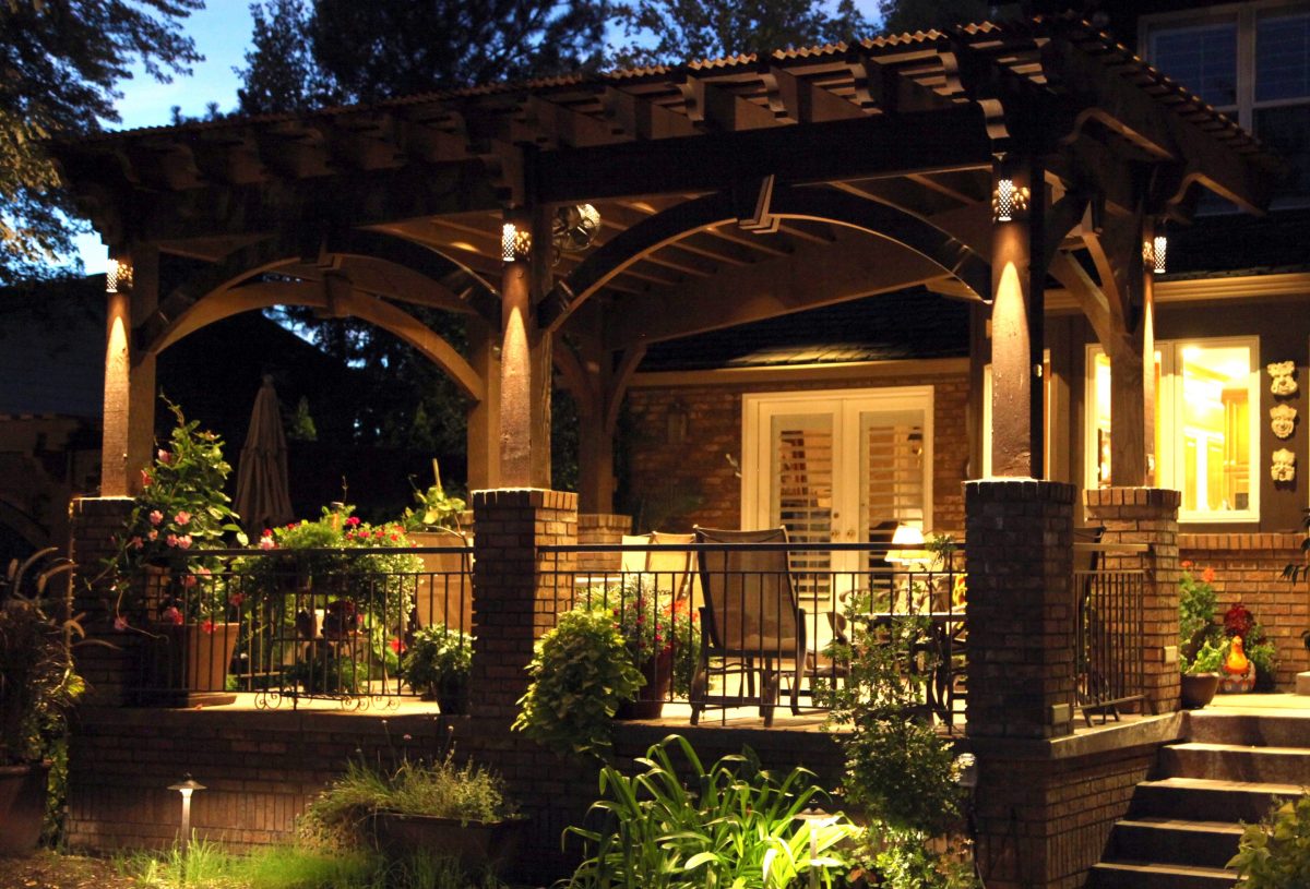 Timber frame pergola with lights