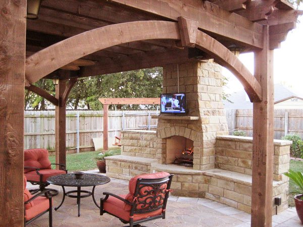 shade pergola tv television fireplace