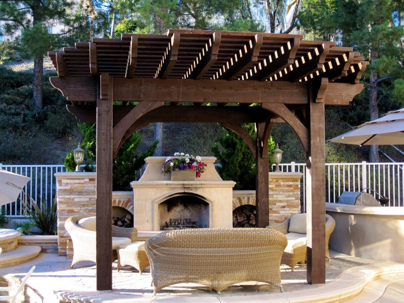 outdoor fireplace poolside pergola shade timber frame