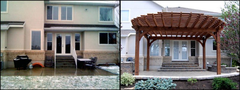 Evans-before-after-pergola before after timber frame pergola over patio