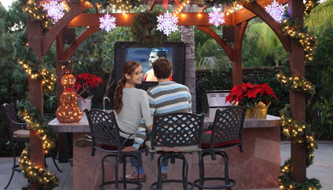 outdoor tv bar timber frame pergola chirstmas decor