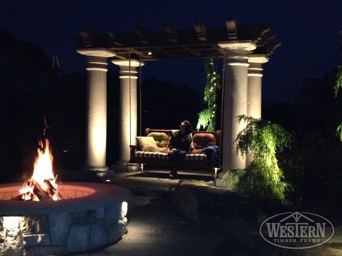 pergola-swing-fire-pit-night arbor pergola swing fire pit