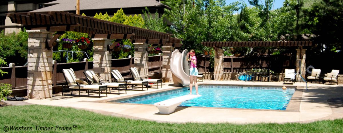 Timber frame trellis for poolside shade