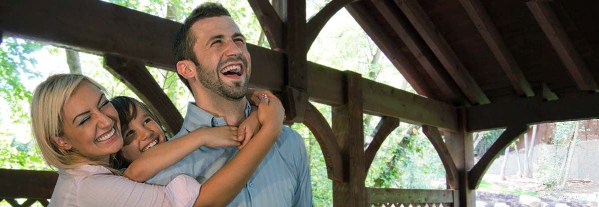 timber frame pergola with people