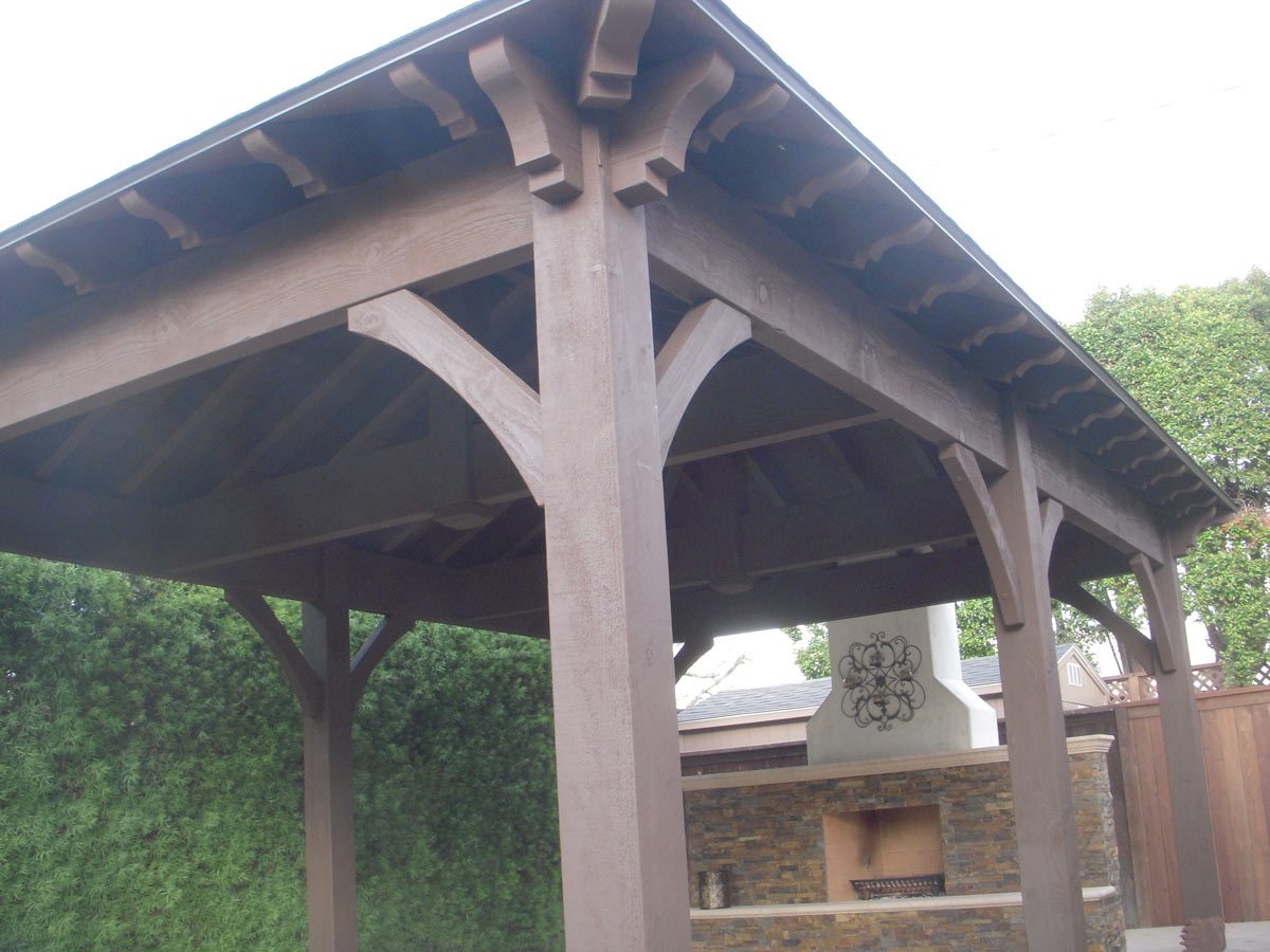 Corner of pavilion with ornate fireplace