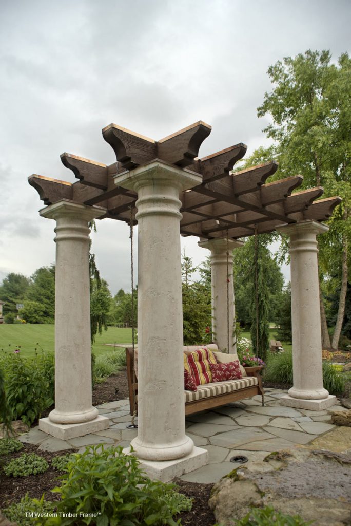 garden arbor with pillars and swing