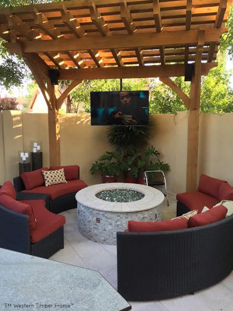 redwood arbor with firepit