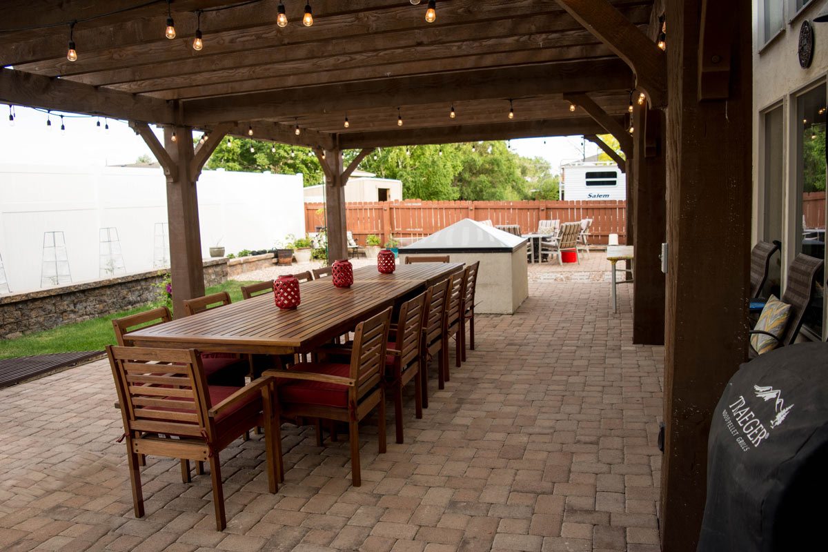 Under a timber frame pergola