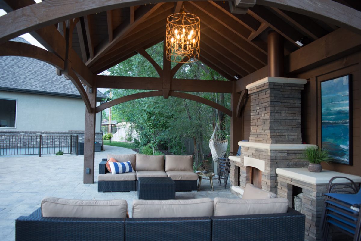 beneath pavilion chandelier fireplace