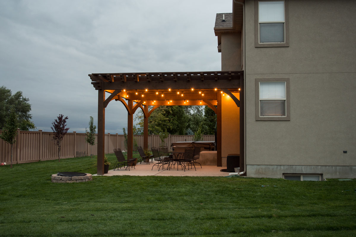 pergola hot tub lights fire pit