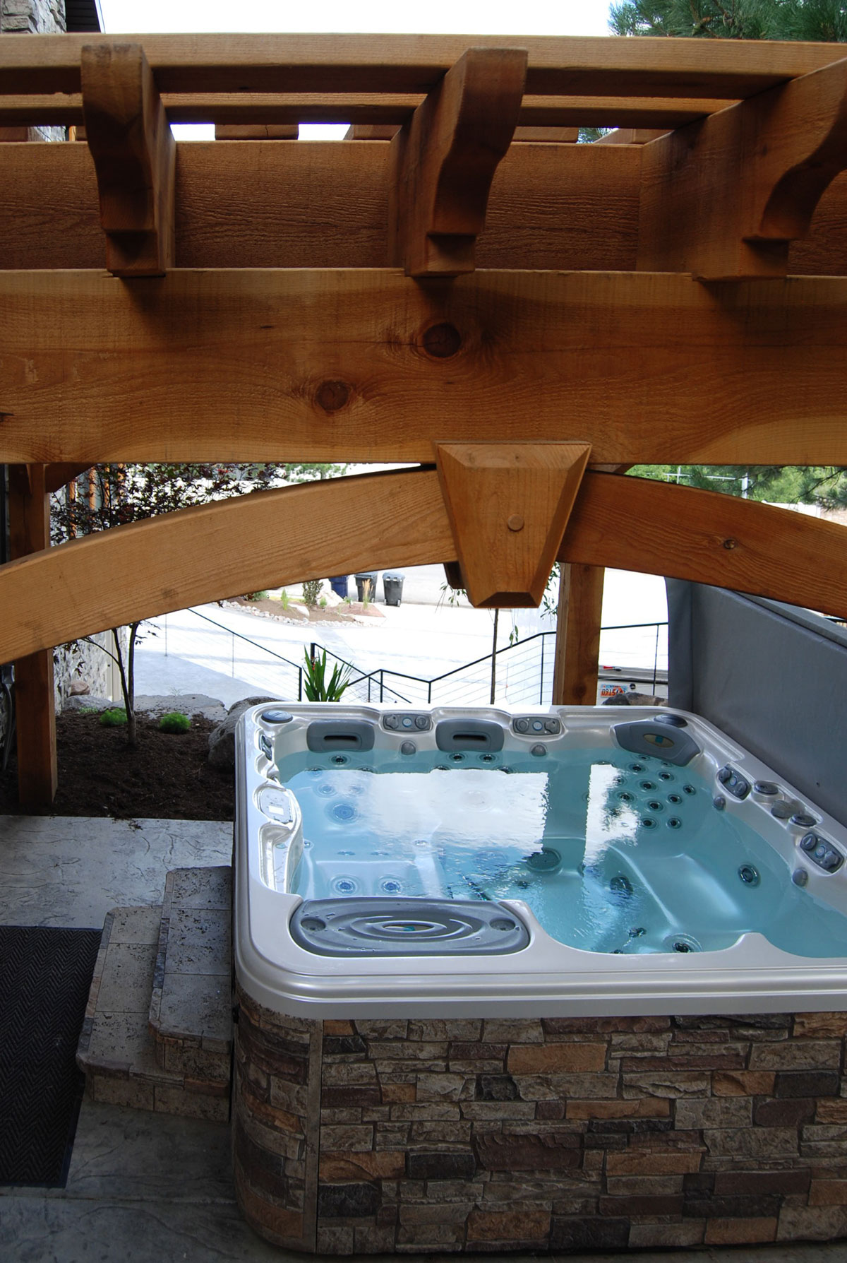 roof of pergola over hot tub