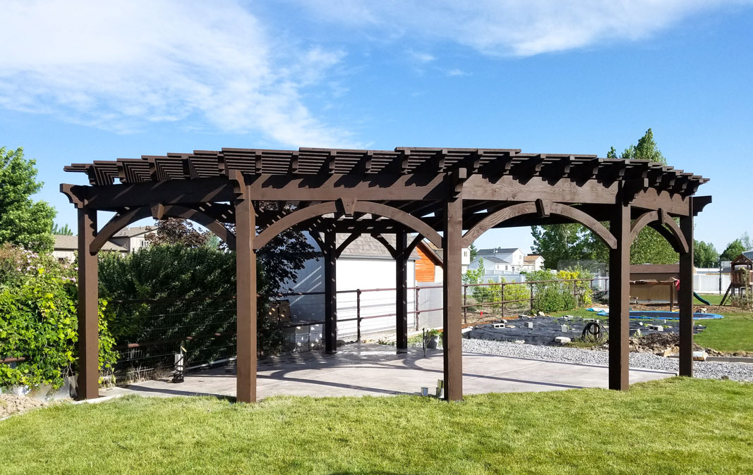 Seven post pergola in backyard.