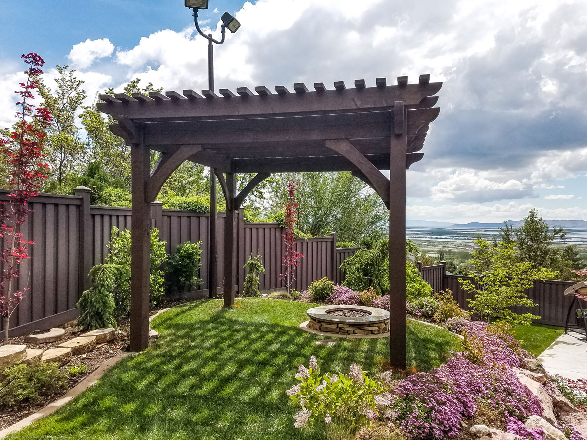 Timber frame pergola with fire pit