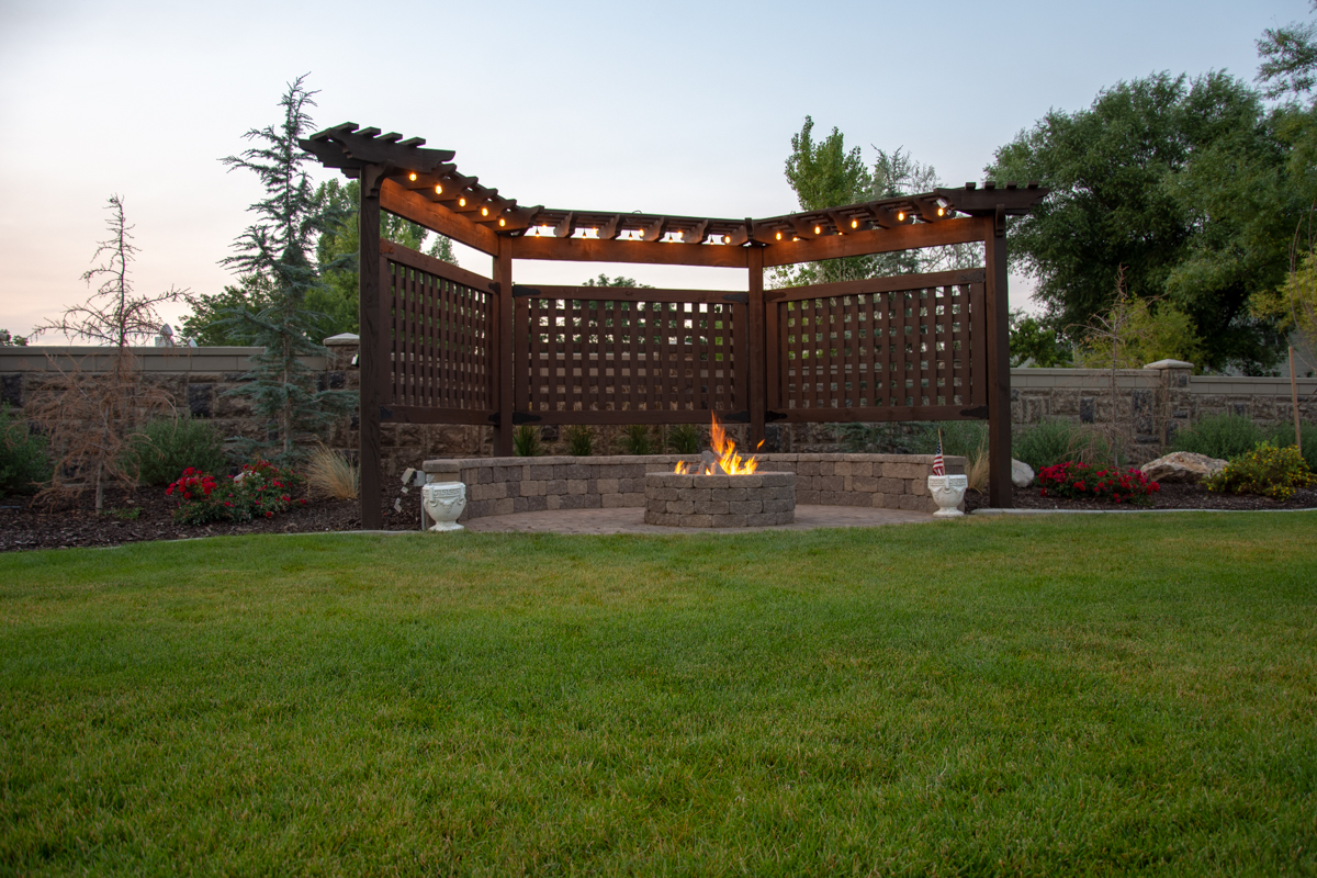 Trellis with lights and fire pit
