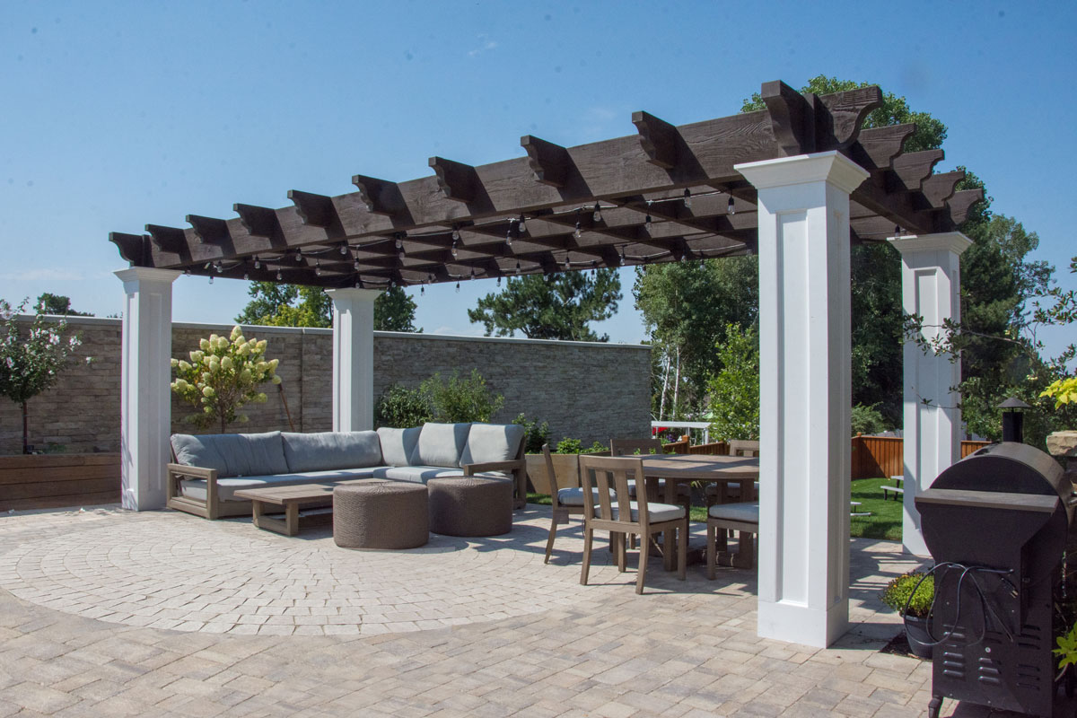 Wright-Neeley-pergola-full-view white posts lights pergola