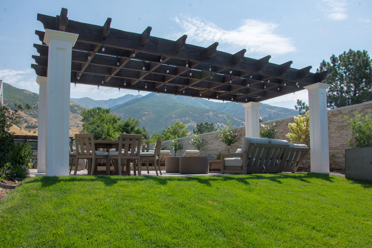 Wright-Neeley-pergola-white-posts pergola with lights