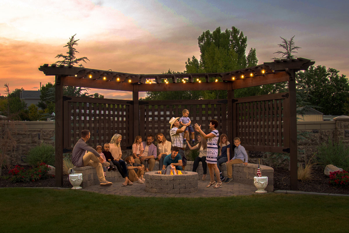 Latticed trellis w fire pit and lights