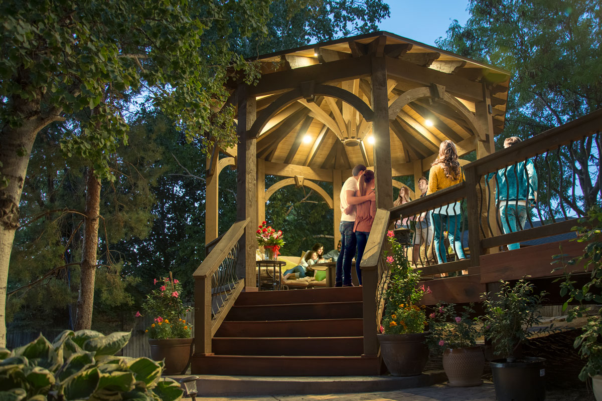 People beneath gazebo