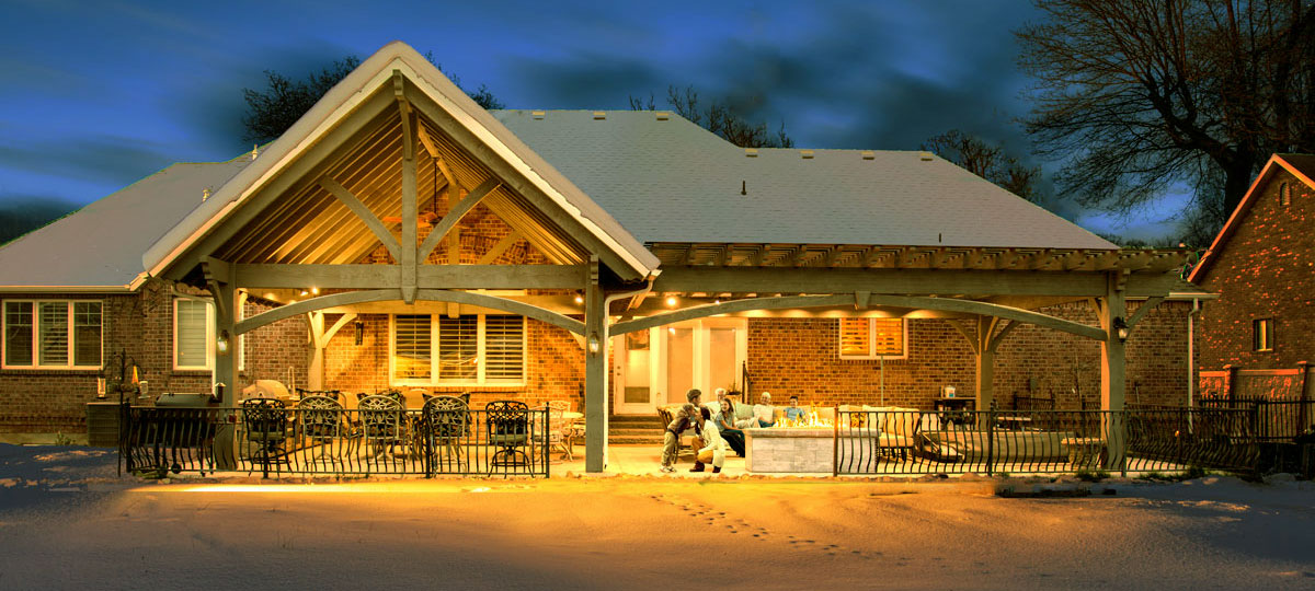 family in winter scene pavilion pergola