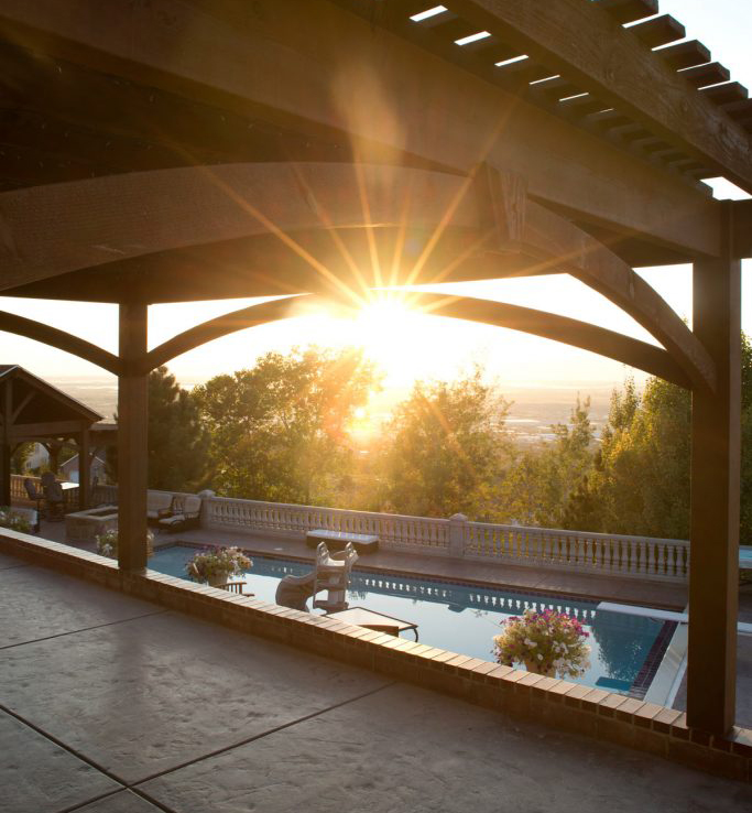 Casil-pergola-pool-sunlight sunlight on pergola by the pool