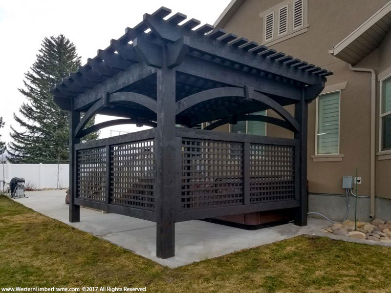 ebony pergola with privacy walls for hot tub