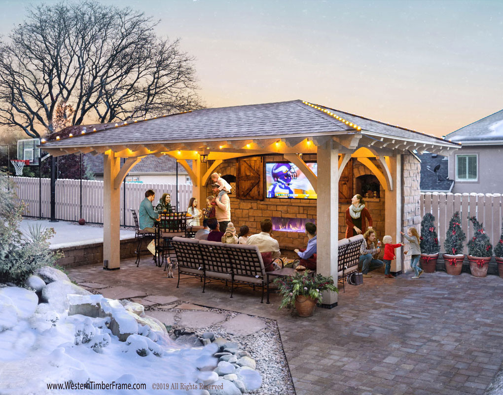 Snow-Harbertson-family-pavilion-tv-fireplace outdoor tv fireplace christmas