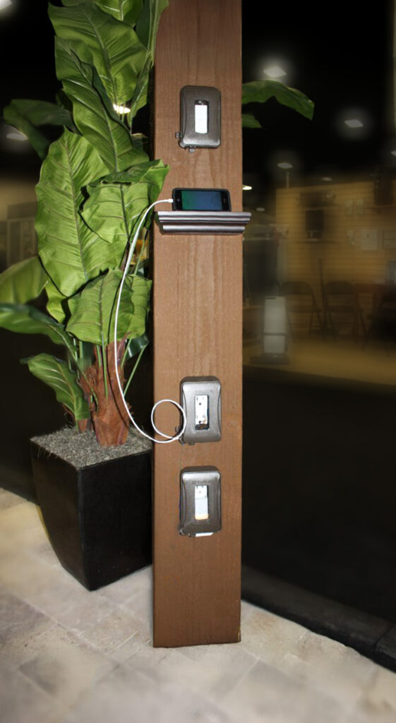 TimberVolt post with charging outlets and switch covers