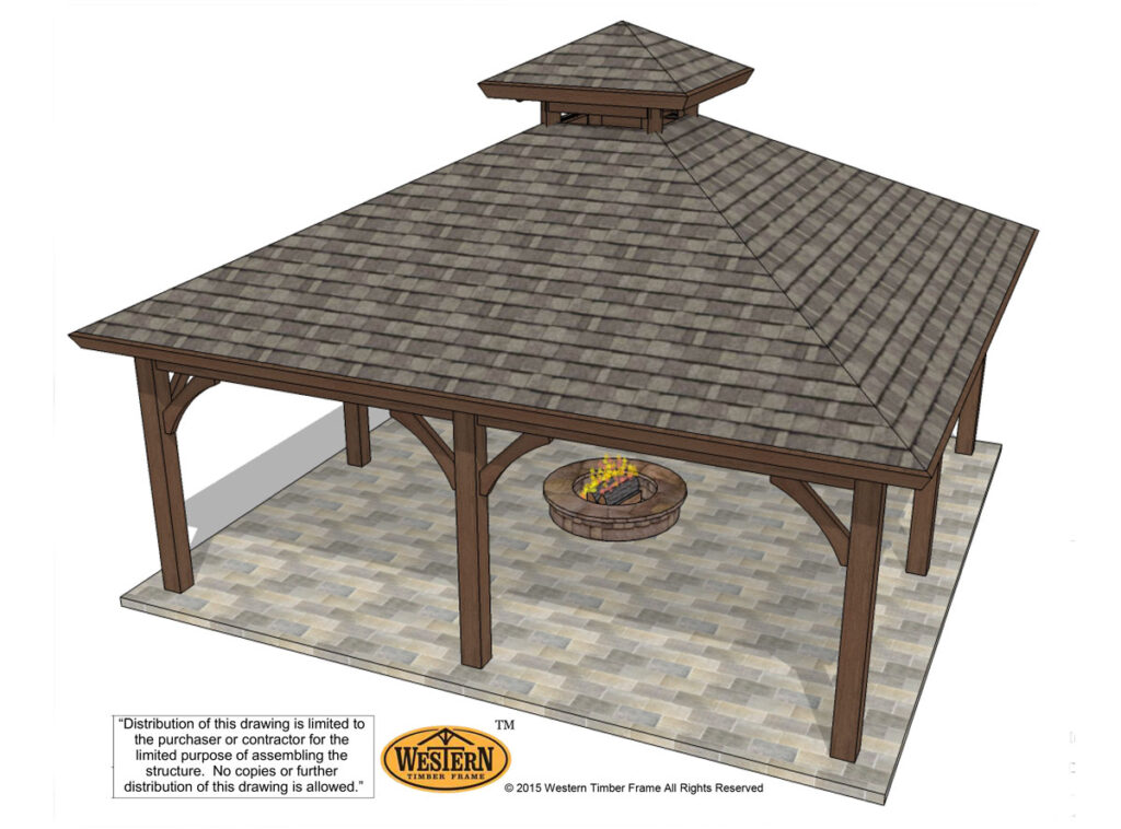 hip roof timber frame pavilion design with tiered roof and open outdoor layout