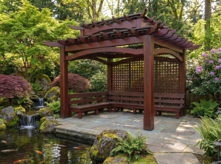 Asian inspired timber pergola with curved beams and lattice panels in landscaped garden