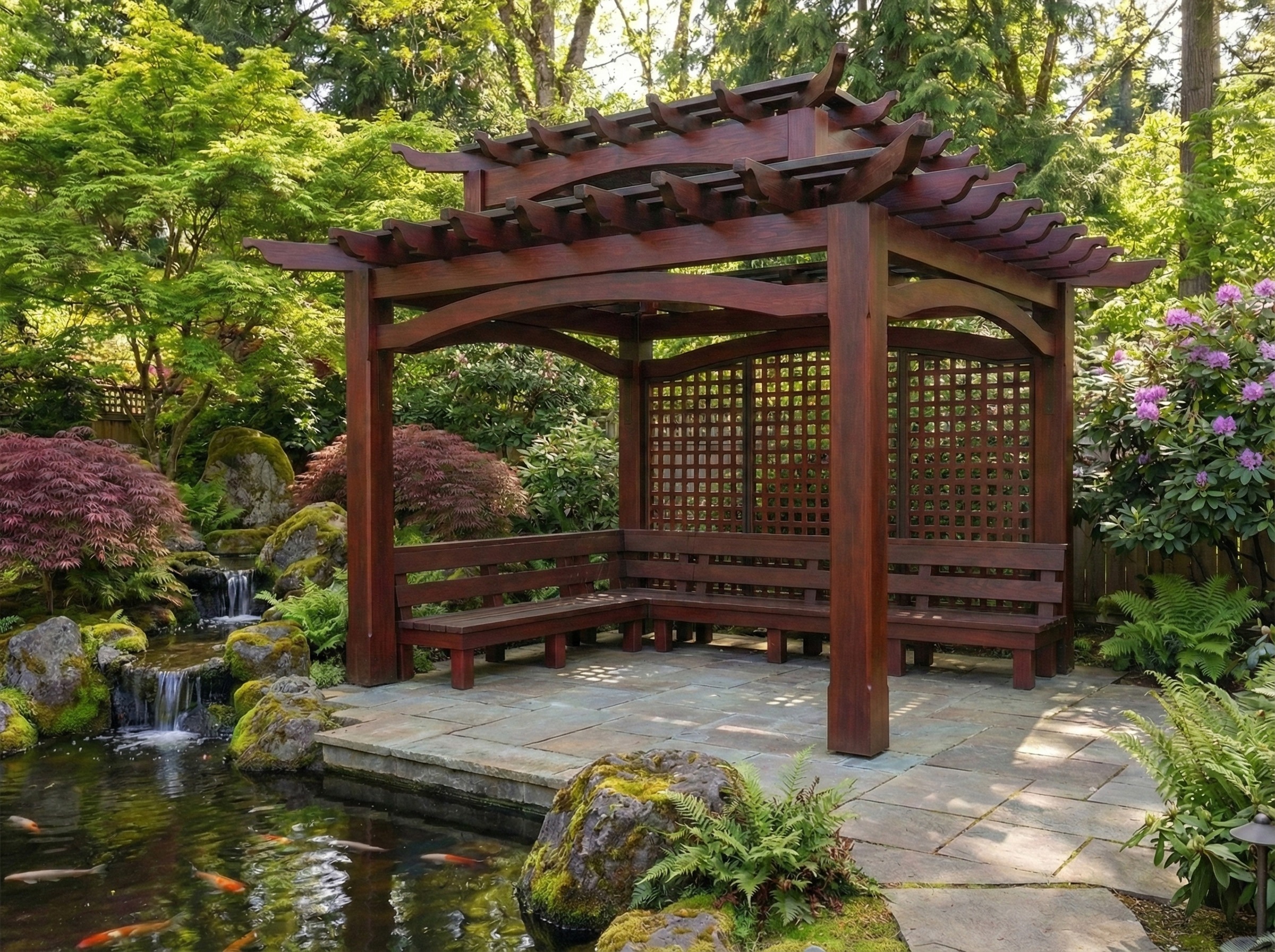 Asian inspired timber pergola with curved beams and lattice panels in landscaped garden