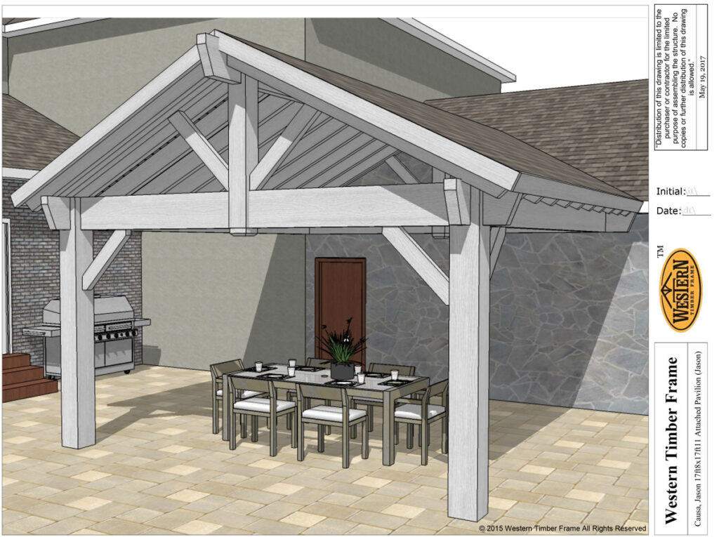 attached timber frame pavilion design rendering with outdoor dining area
