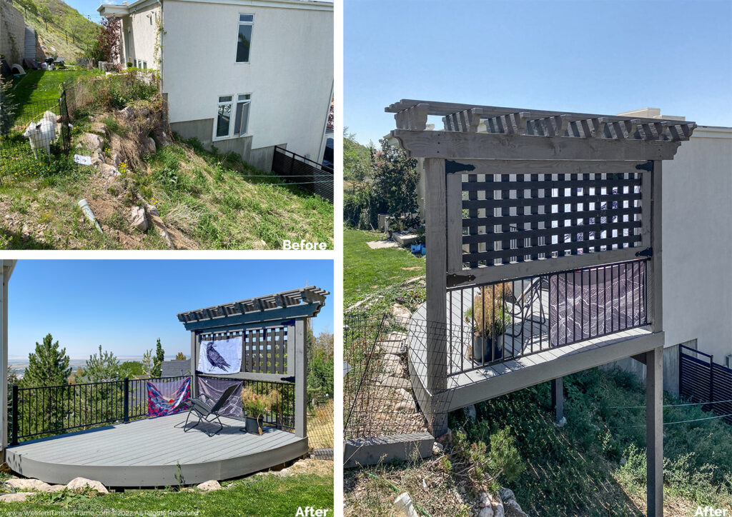 Before and after images showing a steep, unusable backyard slope transformed with a Western Timber Frame™ timber frame deck and trellis with metal accents, creating a beautiful outdoor art space.