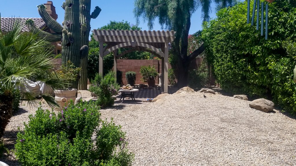Western Timber Frame™ timber frame pergola finished in Wild Olive stain, set in a desert landscape backyard in Arizona with gravel groundcover, cactus, and lush greenery.