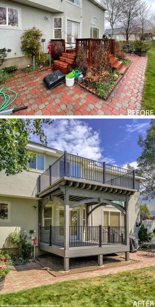 Before image showing an aged wooden deck with worn railings and overgrown landscaping, followed by an after image of a Western Timber Frame™ two-story pergola with a fresh, gray-stained timber frame, new deck, and upgraded railing system.