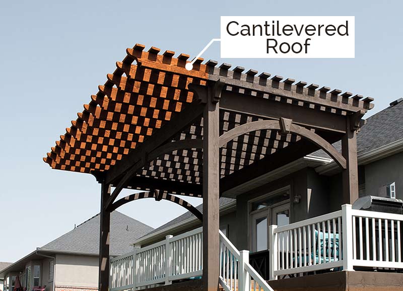 Timber frame pergola with extended cantilevered roof by Western Timber Frame