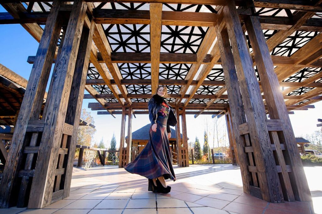 Western Timber Frame 12-post pergola with polycarbonate and patterned timber frame roof design.