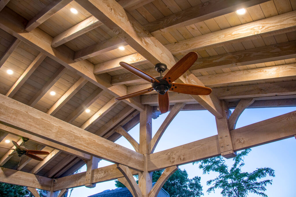 TimberVolt® pergola ceiling with recessed lighting and ceiling fan