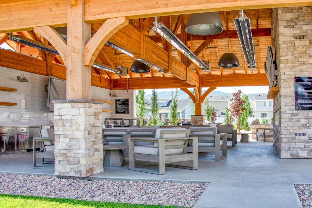 TimberVolt® powered commercial timber pavilion with outdoor seating and lighting