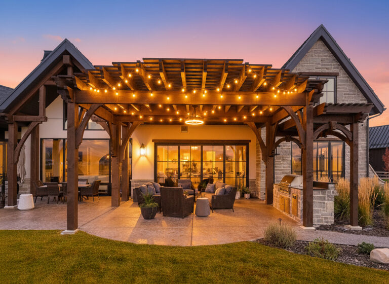 Timber frame pergola with warm evening lighting extending from a modern home patio.