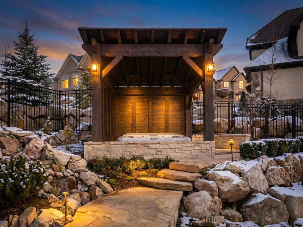 Timber frame cabana with hot tub and privacy wall in a snowy residential backyard at dusk.