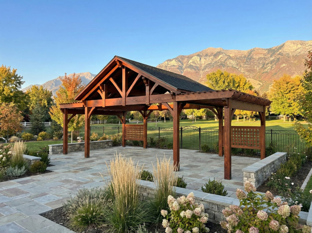Integrated timber pavilion and pergola creating a multi purpose outdoor gathering space