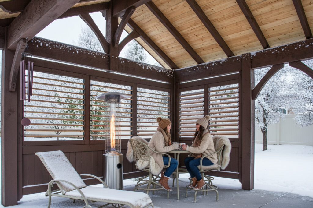 Two women sitting in a timber gazebo with snow outside and a patio heater