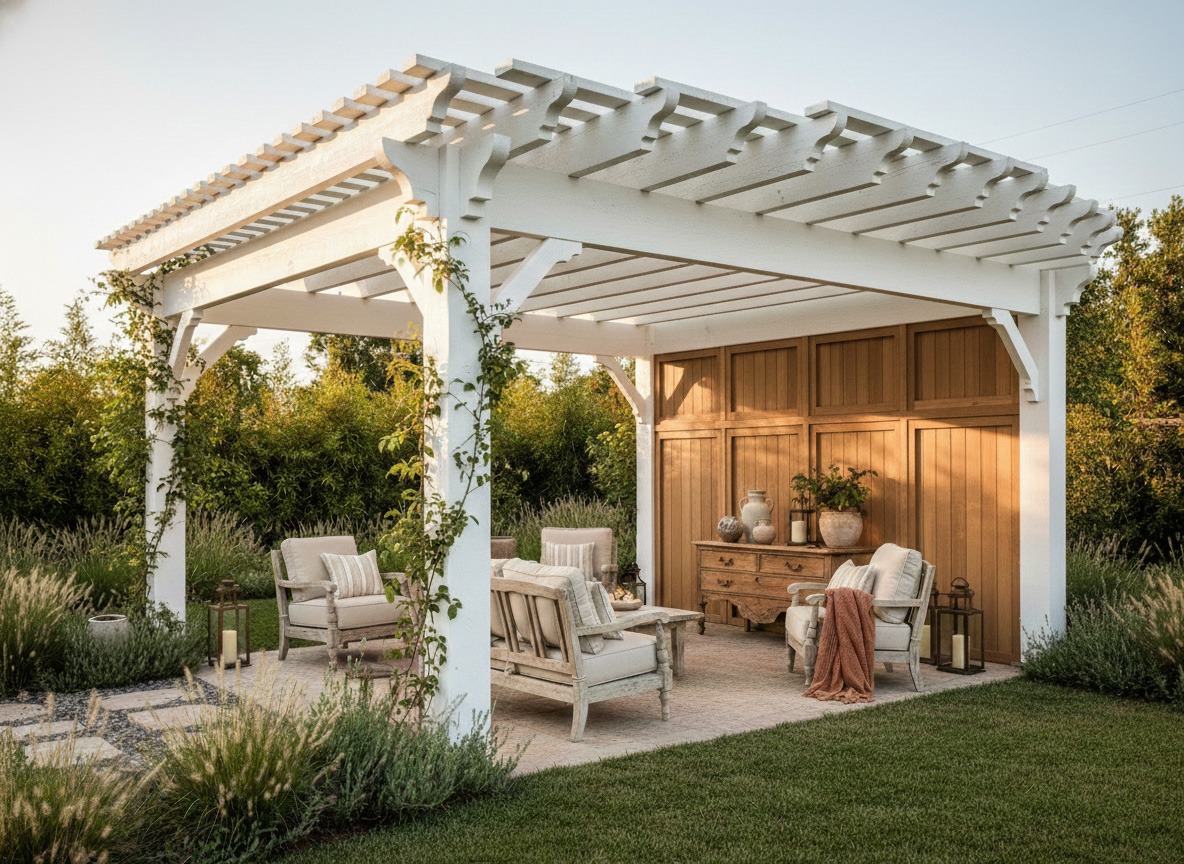 Chic pergola with privacy wall featuring refined outdoor seating and dresser-style console in a landscaped backyard