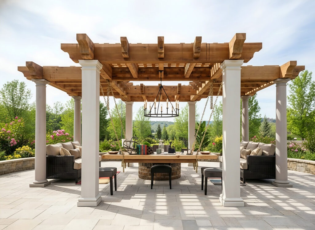 Timber frame pergola with white columns and outdoor living sofas in landscaped backyard