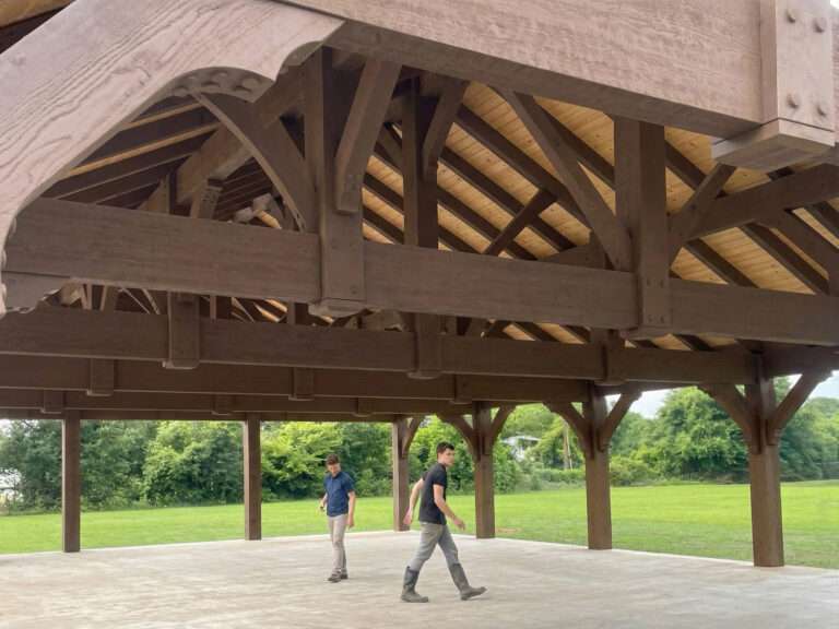 Custom Douglas Fir timber frame pavilion at Lamar University, Texas for douglas fir vs oak pergola post