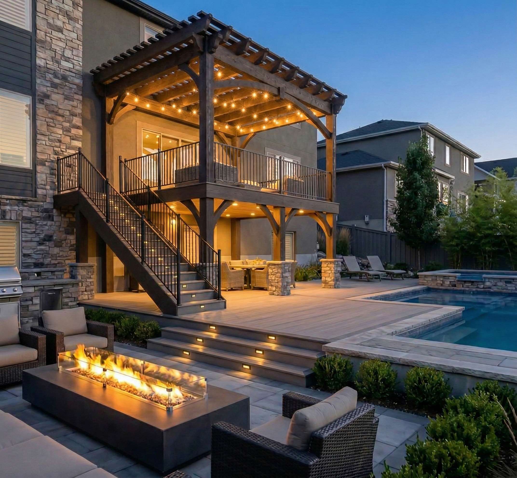 Two story deck with attached 14x16 pergola overlooking pool and fire feature