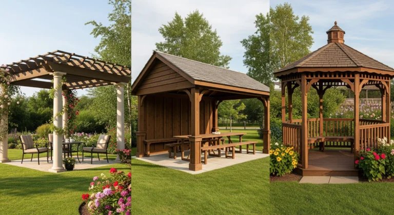 Three backyard structures: an open-roof pergola, a solid-roof pavilion, and an octagonal gazebo.