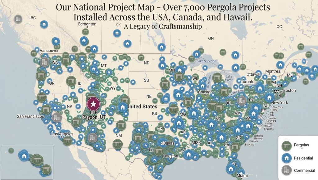 Timber frame project map showing over 7000 pergola pavilion and outdoor structure installations across the United States Canada and Hawaii