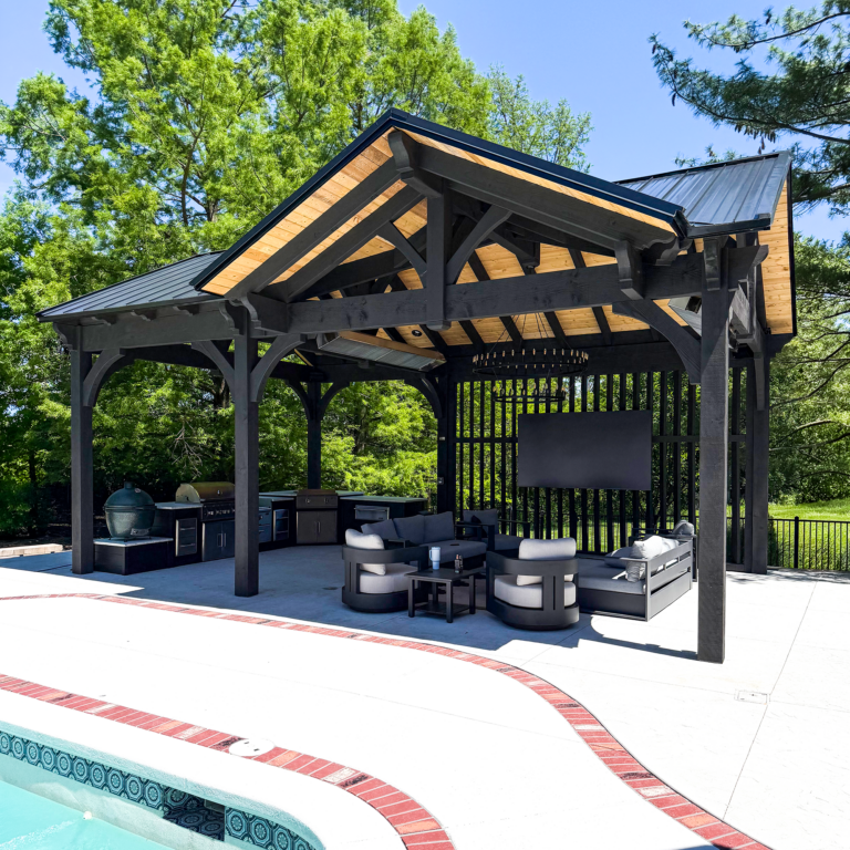 Two-tone ebony and natural heavy timber pavilion with outdoor kitchen TV lounge and swimming pool